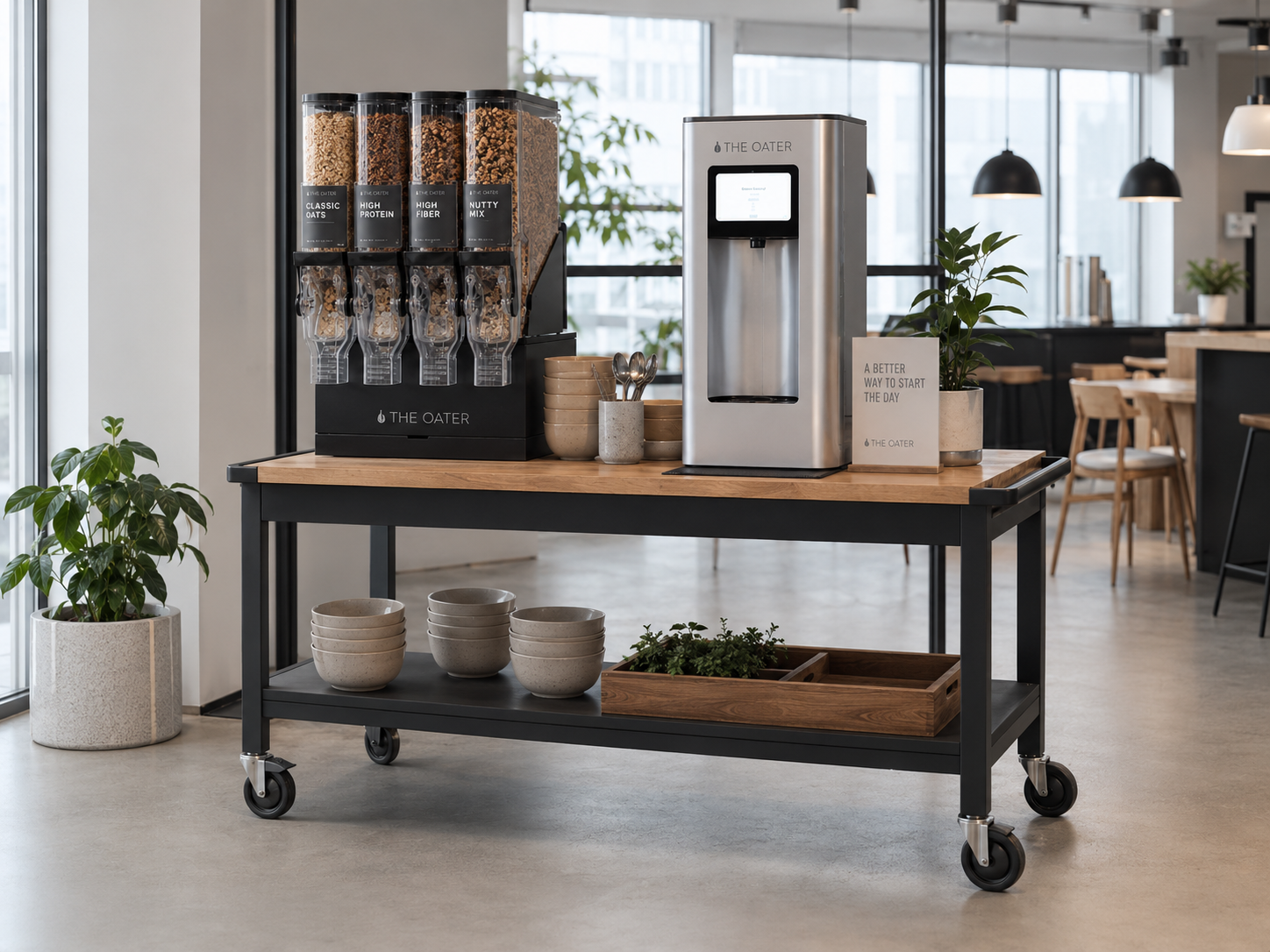 The Oater Breakfast Bar with oat drink machine and Breakfast Bases in an office