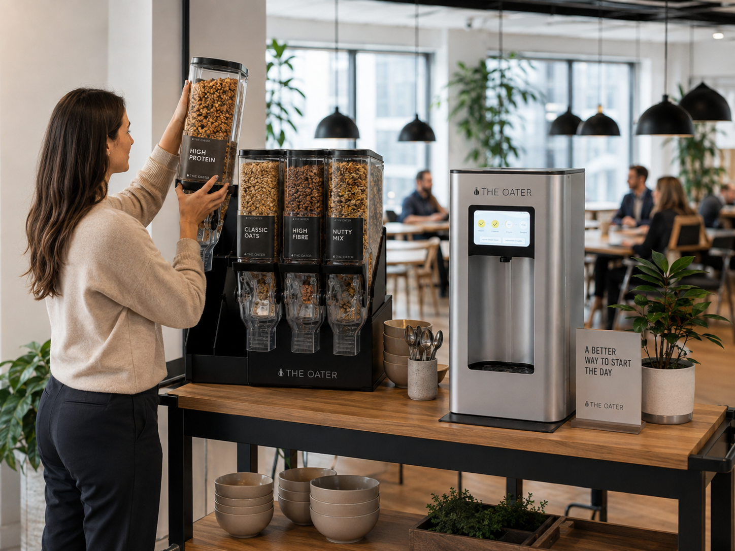 Employee swapping a prefilled container at the breakfast station